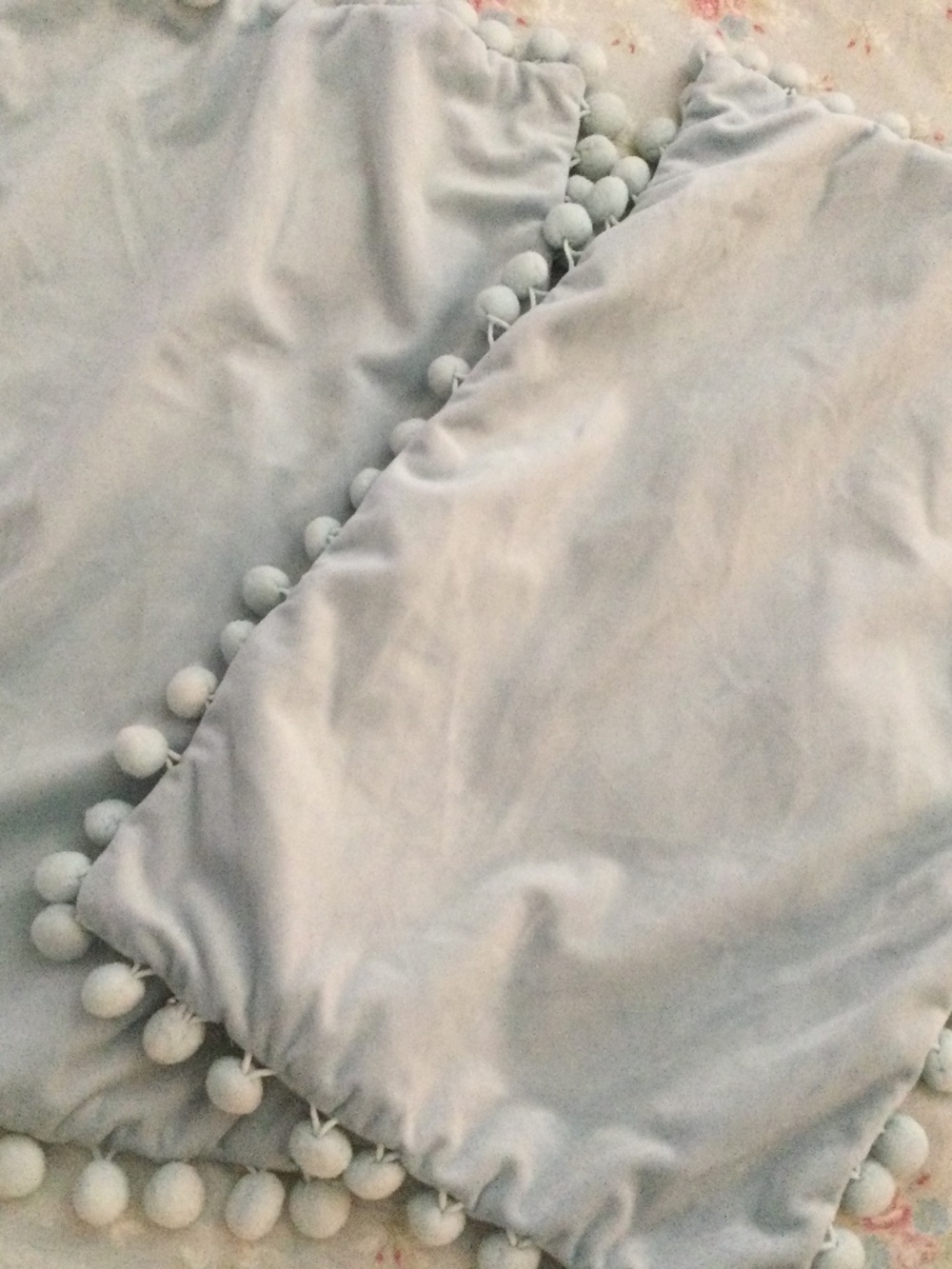 Blue Velvet Pillow covers with Pom Poms 12” x 19”